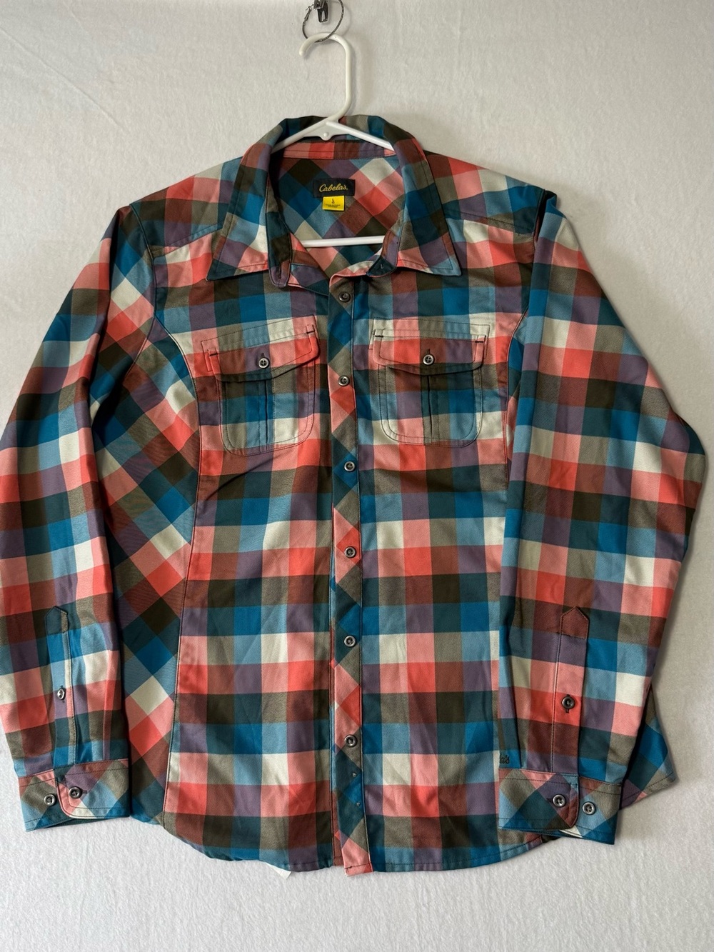 Cabela's Coral, Teal & Brown Plaid Button-Up Shirt